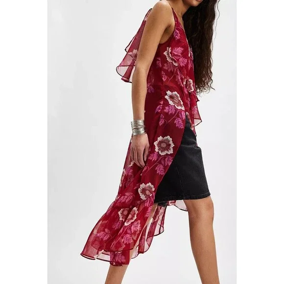 Free People Sunfaded Maxi Top Floral Printed Ruffle Slip Sheer Swing XS 279511 - Picture 3 of 8